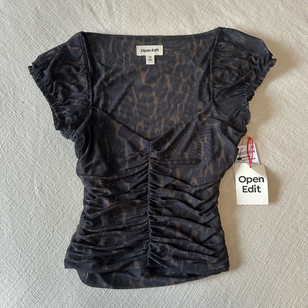 NWT Open Edit Sheer Ruched Leopard Top – Brown/Black – XS